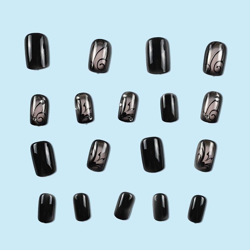 juggssa Black Press on Nails Short Square Fake Nails with Designs Black Vine Acrylic False Nail Kits Glossy Full Cover Spring Winter Glue on Nails with Rhinestone Artificial Stick on Nail for Women 24PCS - Image 3